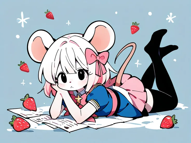 I want this image in full body and Pastel pink magical girls costume with white details  , oc ratón, Femboy, Mouse, fullbody, paper white hair, fur and skin, shoulder length hair, black eyes, Nekomimi , The skirt is short reaching above the knees much high...