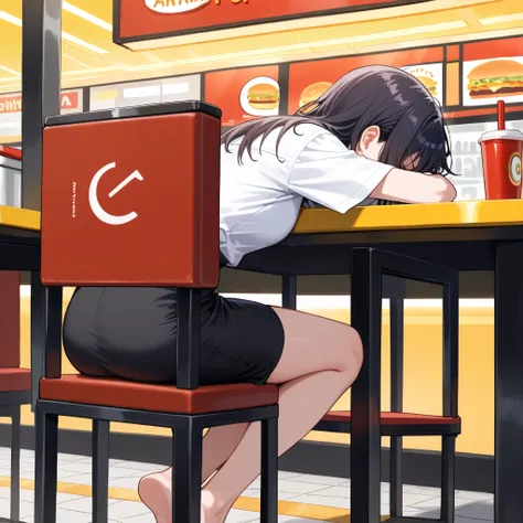 1 woman, working at a fast food restaurant, dark hair, depressed looking, short black skirt, bare feet, masterpiece, best quality, high resolution