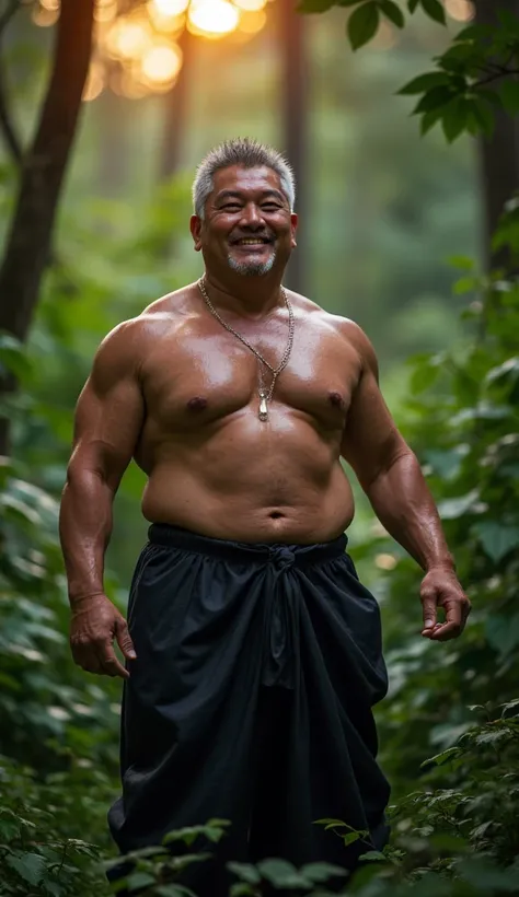 mature japanese man shirtless fat muscular gray hair in black voluminous underwear with naughty smile, wet, in a forest at dusk  masterpiece 