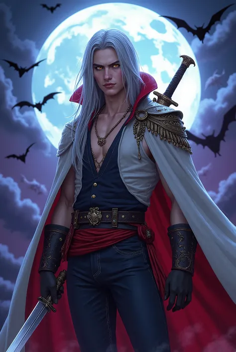 Create a young adult vampire character, male, with big, long silver hair, silver eyebrows and eyelashes, yellow eyes and vampire teeth. Hunter-style vampire costume composed of white, dark blue and red interior details, red cloth at the waist. He would be ...