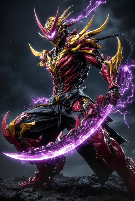 Hyper realistic image of kamen rider burung  cendrawasih with dominant colors of maroon red and ash and gold is posing while holding a machete weapon with purple fire and lightning effect and against the backdrop of the island of Maluku