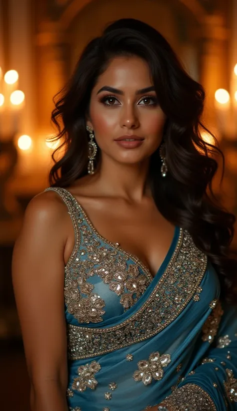 a hot brown haired voloptous indian milf woth model face in a glittering intricate embroidery blue and white printed saree, ((Hot Saree)), big beautiful huge 36DDD breast, curvy body, perfect body shape, Backless, sexy cleavage, ((Detailed Skin)), big wide...