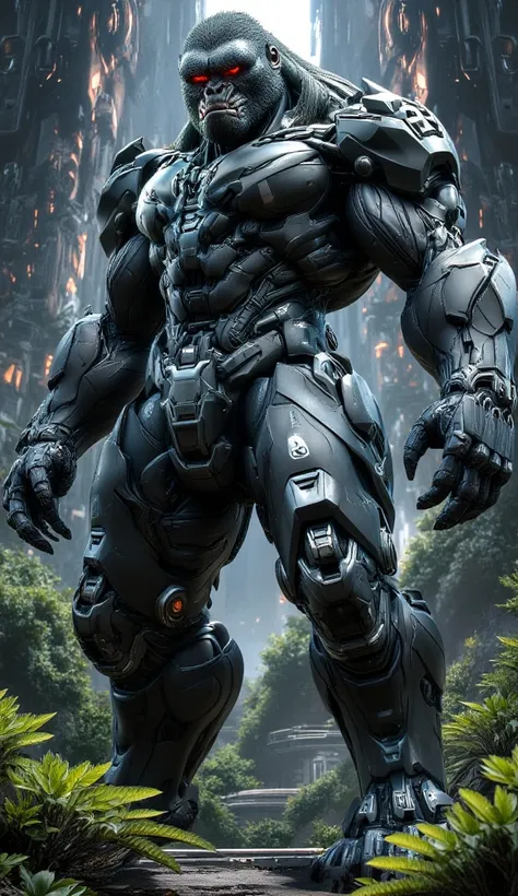 a giant gorilla, King Kong style, his body covered in cyborg armor, red eyes, in a futuristic forest,