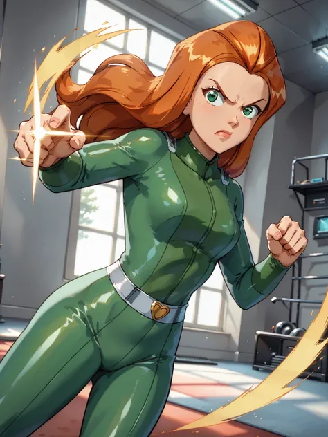 High Resolution, Masterpiece, Best Quality, Super Detailed 
Beautiful portrait of Sam from: Totally Spies tv show, 1 girl, gorgous, cute, full body, close up, gorgeous body, big glowing green eyes, long shiny orange hair, green spy suit, breasts, cool, ser...