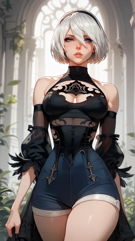 YoRHa No style.2 Type B,  perfect eyes,  perfectly sexy face, ultra detailed,  ultra perfect eyes ,  big beautiful woman , standing, dark blue shorts, Body,  looking at the spectator,