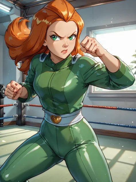 High Resolution, Masterpiece, Best Quality, Super Detailed 
Beautiful portrait of Sam from: Totally Spies tv show, 1 girl, gorgous, cute, full body, close up, gorgeous body, big glowing green eyes, long shiny orange hair, green spy suit, breasts, cool, ser...