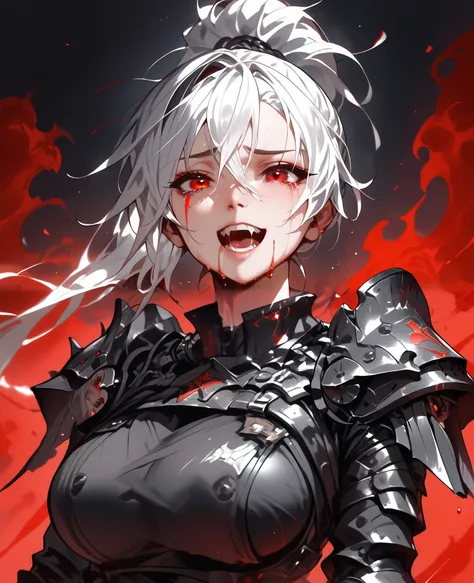 ,girl,,Black cloth ,cool, Savage ,Black white hair ,ใน red eyes,Tomboy,,milf, red eyes, long ponytail,, big breasts,Sentinel ,Open your mouth,Cry,sad, Fury crawls back , Savage ,Bleeding head,Big Black Vee Armor ,smile,Abundant blood flow