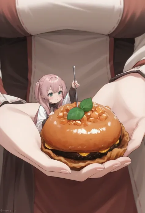 
(macro size: 1.1), adventurer, (2girls), (closeup arms and hands: 1.1), (a miniature woman on a hand), restaurant food
