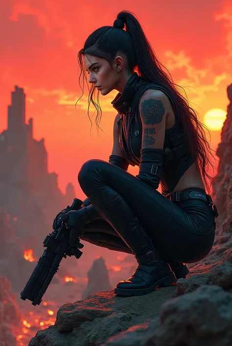 A stunning young woman with a symmetrical face, almond-shaped eyes, and long, silky hair tied in a sleek ponytail. She is wearing a tactical combat suit with metallic details, crouching on a rocky cliff overlooking a post-apocalyptic wasteland. Her express...