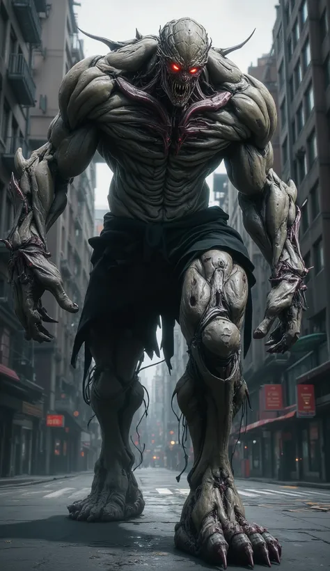 Zombie on the city street,huge muscular,red eyes, glowing eyes,day