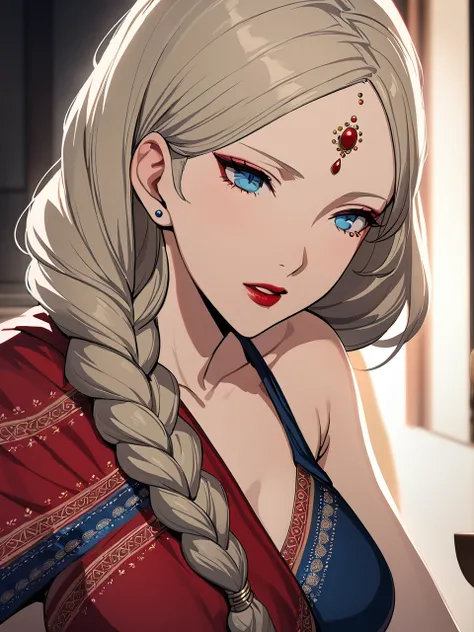 dsann, blonde hair, braided hair, bindi,red dot on forehead,  blue eyes, red dot on forehead, indian saree, 1girl, solo
BREAK
 night, masterpiece, best quality, game cg,eyeshadow,lipstick,
 