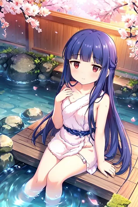 A woman relaxing in a hot spring,２０generation,Looking up at the moon、cherry blossoms、cherry blossoms吹雪、Satisfied face,Put a towel over your hair, Beautiful Inspirational Light ,Graceful water flow,  Relaxed Atmosphere  ,Quiet and calm background,  long hai...