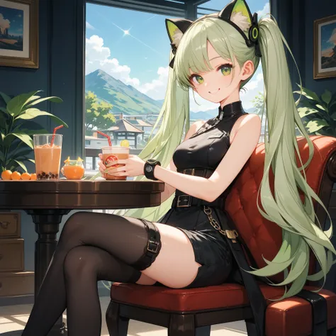 4k anime style, Smooth anime CG, 8k anime, Best quality, High resolution,Superdetail,Perfect light,ager Anime, twintails,light green hair, dark green eyes, light green animal cat ears,medium chest, Beautiful waist, She wearing white dress, sleeveless, belt...