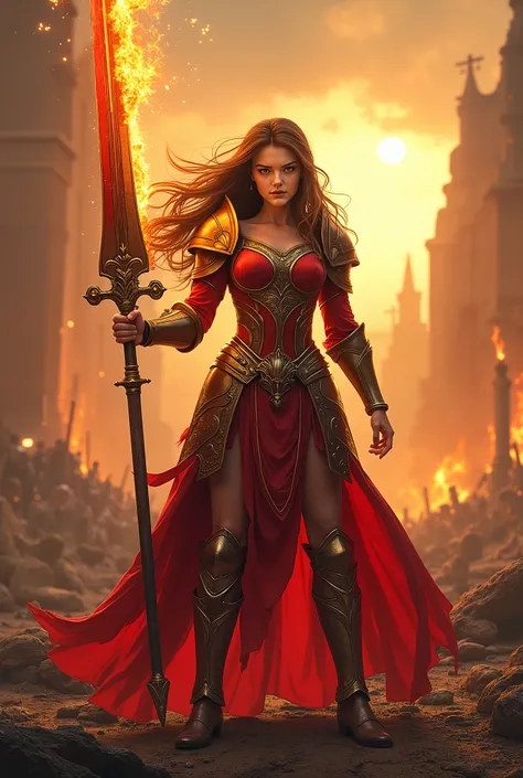 A stunning young woman with a symmetrical face, almond-shaped eyes, and long, flowing hair. She is wearing a vibrant red-and-gold warrior's armor, holding a flaming sword aloft with a victorious expression. She stands in the midst of a battlefield, with a ...