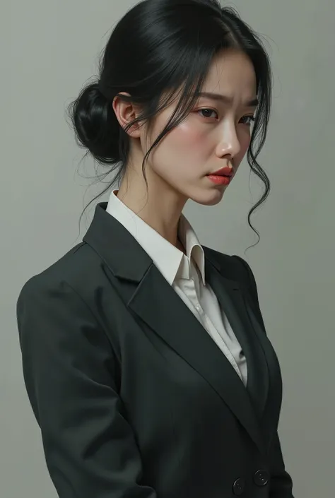 masterpiece, photorealistic, 8K, Japanese women, beautiful woman, detailed face, skirt suit, Age 35, sad