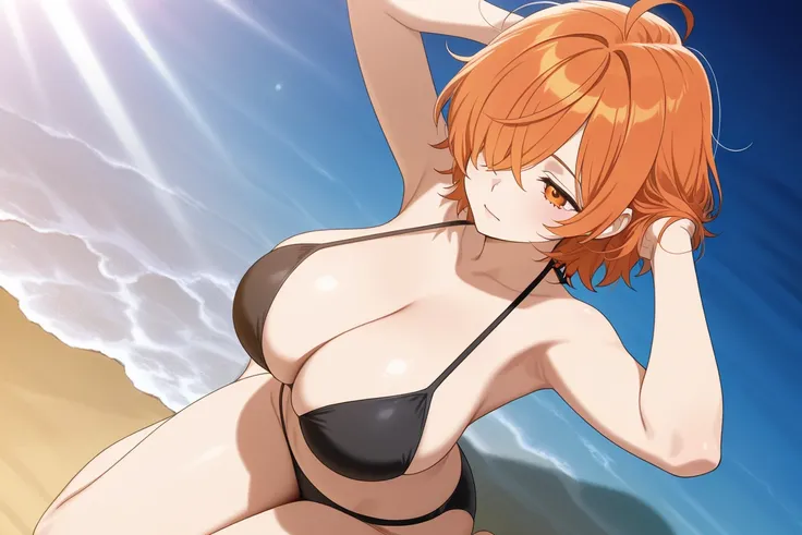 masterpiece, newest, absurdres, best quality, hires, anime screencap, 1girl, mature female, orange hair, hair over one eye, short hair, messy hair, ahoge, orange eyes, large breast, wide hips, black bikini, outdoors, beach, sitting, wariza, from above, dut...