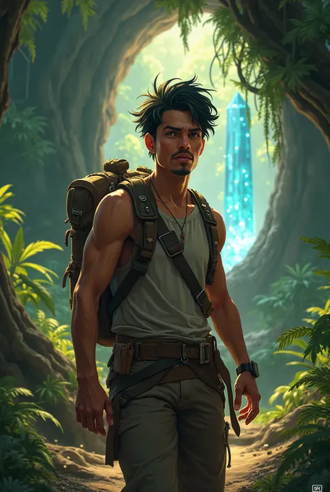 
a young man zayd age 26 on a journey, adventurer, explorer, traveling through a lush forest, detailed facial features, beautiful eyes, detailed nose and lips, muscular body, rugged clothing, backpack, hiking gear, sunlight filtering through trees, detaile...