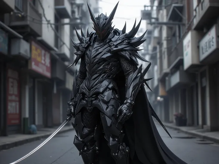 Male,knight, black devil armour, black helmet,on the city street, holding katana,spikes,day,one person 