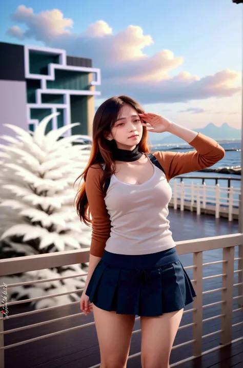 pretty woman, standing posed, near bridge railing, over sea, evening sky, BREAK, (dark-brown hair, long wavy hair, white cap), BREAK, ( orange turtleneck, white tank top, black pencil pleated skirt, black backpack straps, BREAK, (1girl, solo, full body), (...