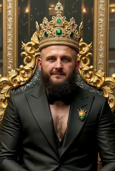 
Hyper-realistic full-body portrait of a regal digital monarch (35yo), seated on a golden throne encrusted with advanced technological circuitry. Magnificent crown of pure 24K gold, adorned with massive rare gemstones - massive emerald centerpiece, surroun...