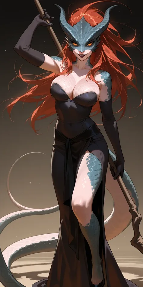 Redheaded Sorceress, Draconian woman with scales on her skin, to hide 
