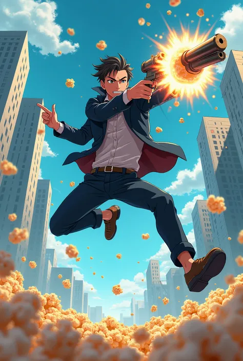 anime with a man with the power of gravity, flying, breathing above the ground, with a gun that shoots popcorn