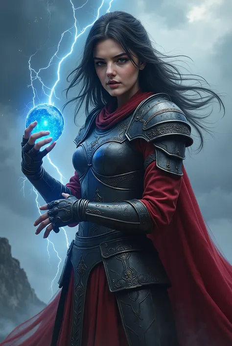 A photorealistic depiction of a stunning young woman with a symmetrical face, almond-shaped eyes, and flowing dark hair. She is wearing a crimson cloak over sleek battle armor with intricate metallic patterns, holding a glowing blue orb in one hand. She st...