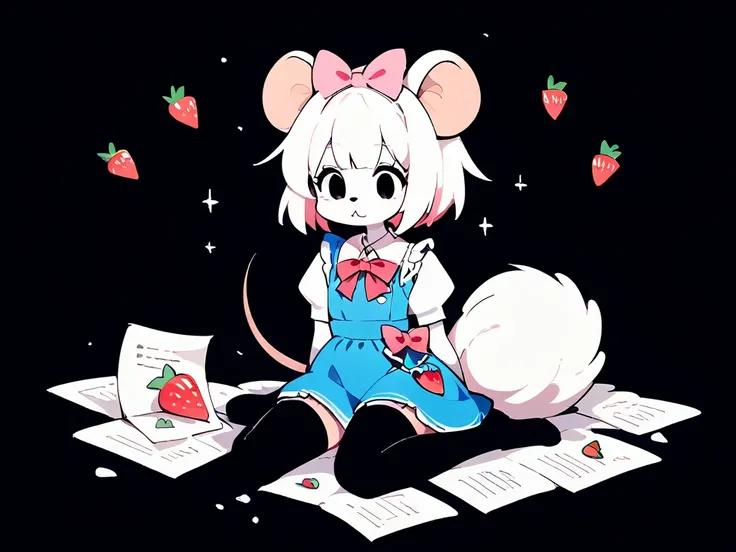 I want this image in full body and Pastel pink magical girls costume with white details  , oc ratón, Femboy, Mouse, fullbody, paper white hair, fur and skin, shoulder length hair, black eyes, Nekomimi , The skirt is short reaching above the knees much high...