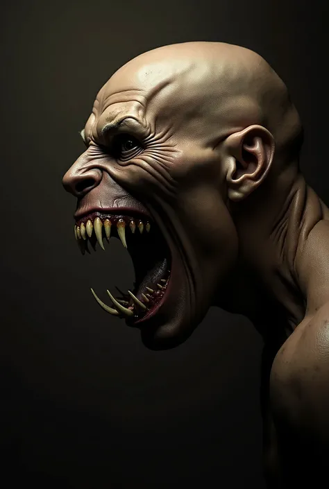 a scary angry howling man with long teeth, bald, side view, portrait, dark picture, horror, black background, sepia