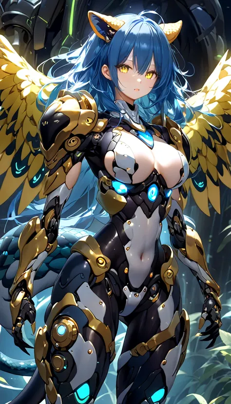  cyber chimera。Blue Hair。The yellow eyes。Machine Girl。Steel Body 。Integrated 。 cyber lion head on torso、 snake tail、Cyber Tsubasa 。 forward leaning 。Cyber Ox Horn 。 Cyber Tiger's Claw 。RoboBody 。 full armor suit。 Cyber Serpent's Face。Big Breasts。Mechanical...