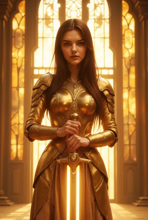 A photorealistic portrait of a stunning young woman with a symmetrical face, almond-shaped eyes, and silky long hair. She is dressed in a golden armor with intricate engravings, standing in a glowing temple with sunlight streaming through tall stained glas...