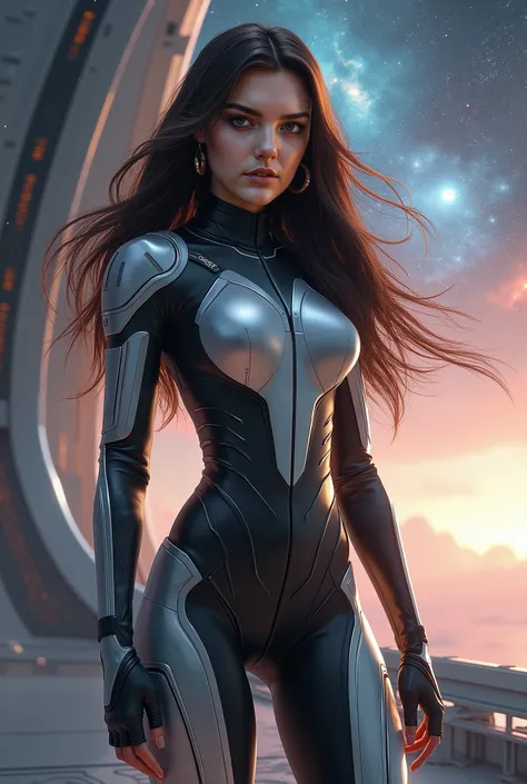 A photorealistic image of a stunning young woman with a symmetrical face, almond-shaped eyes, and silky long hair flowing in the wind. She is standing on the deck of a futuristic spaceship, wearing a sleek silver and black space suit. The background featur...