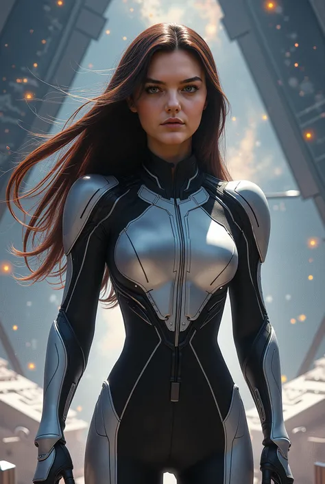 A photorealistic image of a stunning young woman with a symmetrical face, almond-shaped eyes, and silky long hair flowing in the wind. She is standing on the deck of a futuristic spaceship, wearing a sleek silver and black space suit. The background featur...