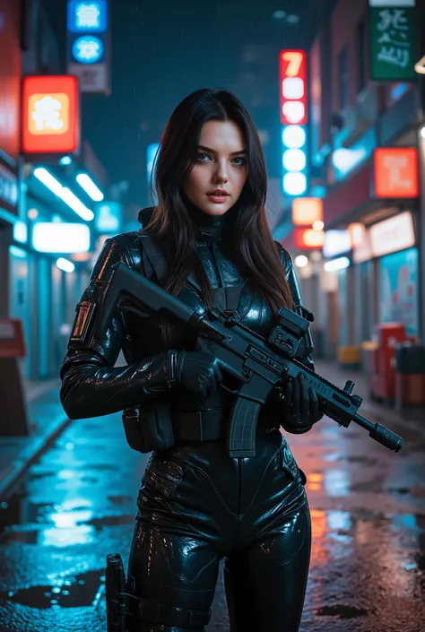 A photorealistic image of a stunning young woman with a symmetrical face, almond-shaped eyes, and long, flowing hair. She is wearing a black tactical suit and a blue scarf, standing on a rain-soaked city street at night. Her expression is determined and in...