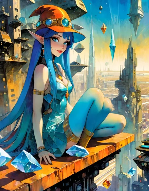 very sexy girl, sitting on a ledge, tight dress in bright colors, psychedelic hat, long blue hair, holding crystals of different shapes, looking at the crystals, slight smile, futuristic city background, flying cars, rusty metal city,  art inspired by Bill...