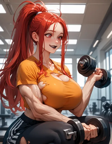 (masterpiece), (best quality) (Muscular:1.5), (skinny:1.3) , (veiny body:1.1), (big breast:1.2), (gigantic muscular shoulders:1.1),  , vascular body,  (1girl, casual clothes, t-shirt, gym shorts, twintails, long hair, short sleeves, interior, dumbbell, gym...