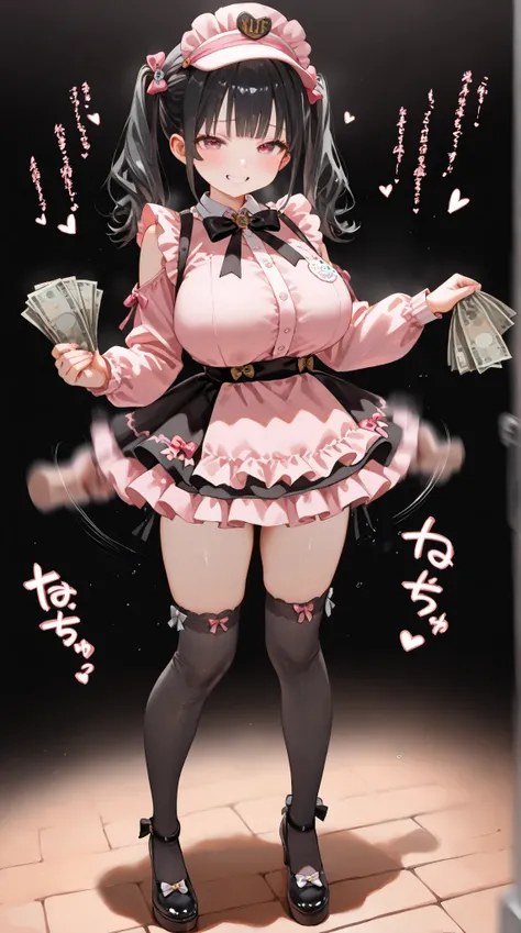  1girl , standing , (, black hair, short twin tails,Big Breasts, baby face,loli, Landmine Girl Makeup  , Landmine girl fashion、Hand and foot accessories,wearing black knee-high socks.,, holding money ,Black background）((A wide variety of sound effects:1.2、...