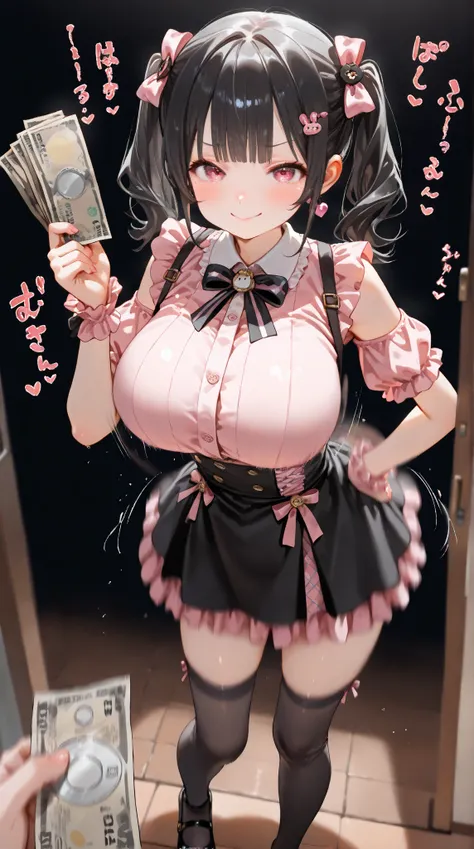  1girl , standing , (, black hair, short twin tails,Big Breasts, baby face,loli, Landmine Girl Makeup  , Landmine girl fashion、Hand and foot accessories,wearing black knee-high socks.,, holding money ,Black background）((A wide variety of sound effects:1.2、...