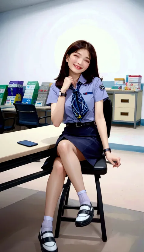 cute young woman, smiling, sitting on chair, in office room, BREAK, (forehead, black hair, long straight hair), BREAK, ( very light-blue short sleeves shirt (+collared shirt, dark-blue neckerchief), navy-blue  pleated pencil mini skirt, gold circle buckle ...