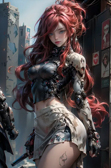 (( best quality skirt)), (( body masterpiece)), ( Detailed:1.4),  Photograph of a beautiful cyberpunk woman ., ( wearing soft organic technological armor), (Long, shapeless hair),  big breasts, (cowboy shot), ( dynamic posture ), ( depth of field), ( cyber...