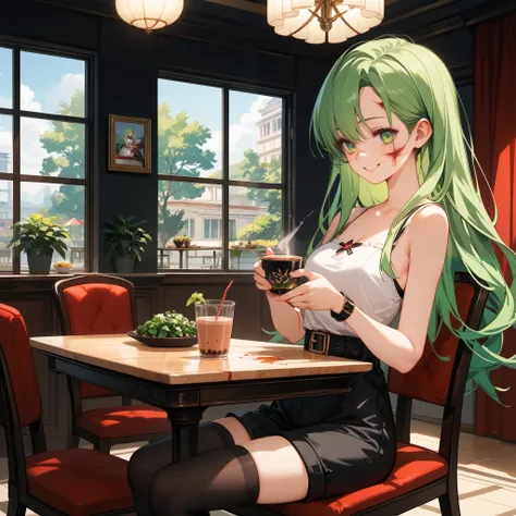 
4k anime style, Smooth anime CG, 8k anime, Best quality, High resolution,Superdetail,Perfect light,ager Anime, Long hair,emerald green hair, Emerald green eyes, medium chest, Beautiful waist, burn scars on face and body,scar,neutral, white dress, sleevele...