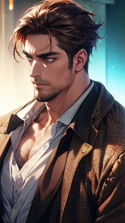 (  best quality,4K,8k,  highres,  masterpiece :1.2),  ultra-detailed  ,(realistic,photorealistic,photo-realistic:1.37),36-year-old man,3 day beard,Beautiful anime,Portraits,strong,Masculine,  with dark hair  ,sharp jaw,  mesmerizing honey eyes  ,  perfectl...