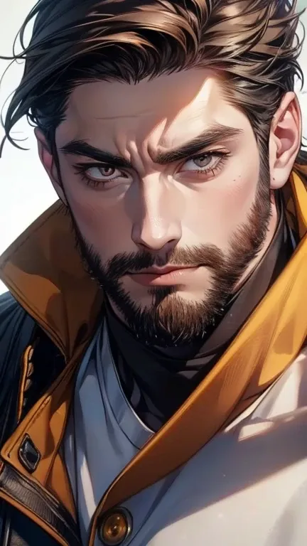 (  best quality,4K,8k,  highres,  masterpiece :1.2),  ultra-detailed  ,(realistic,photorealistic,photo-realistic:1.37),36-year-old man,3 day beard,Beautiful anime,Portraits,strong,Masculine,  with dark hair  ,sharp jaw,  mesmerizing honey eyes  ,  perfectl...