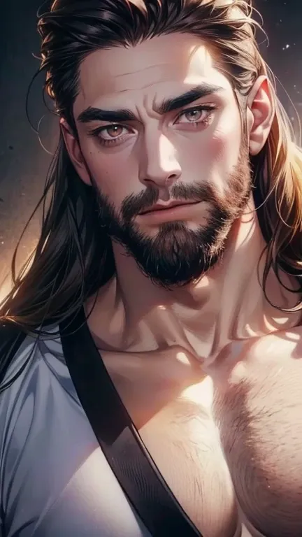 (  best quality,4K,8k,  highres,  masterpiece :1.2),  ultra-detailed  ,(realistic,photorealistic,photo-realistic:1.37),36-year-old man,3 day beard,Beautiful anime,Portraits,strong,Masculine,  with dark hair  ,sharp jaw,  mesmerizing honey eyes  ,  perfectl...