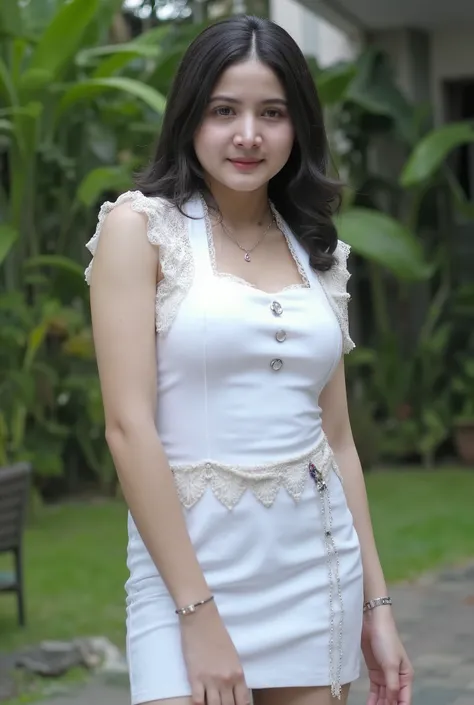 Beautiful female photography model, Indonesian artist Bulan Sutena, She poses very seductively, looking forward at the camera, the girl poses while standing, daylight, (( sexy white dress, in the street, camel toe, arrousing, temptating, seducing)), 8k RAW...