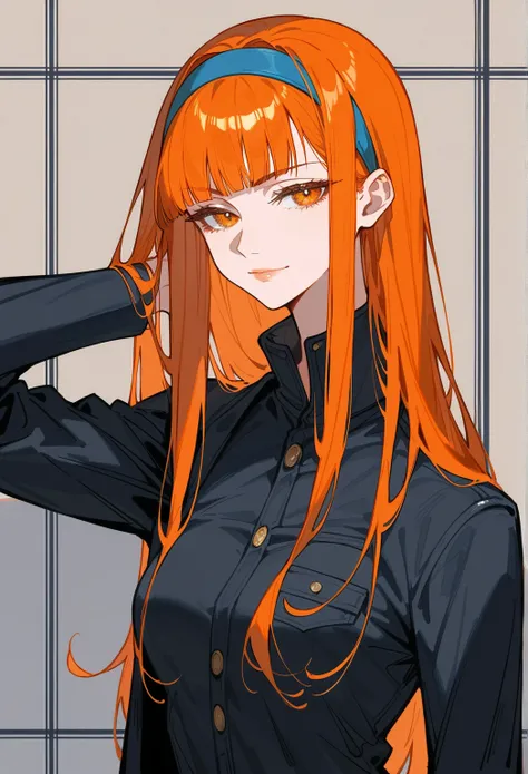 Artwork,,,,back view,adult female,single woman,alone,orange hair,long straight hair,long hair,short blunt bangs,golden orange eyes,half closed eyes,sullen smile,full lips,expressionless,pale skin,medium breasts,black suit with long sleeves with collar insi...