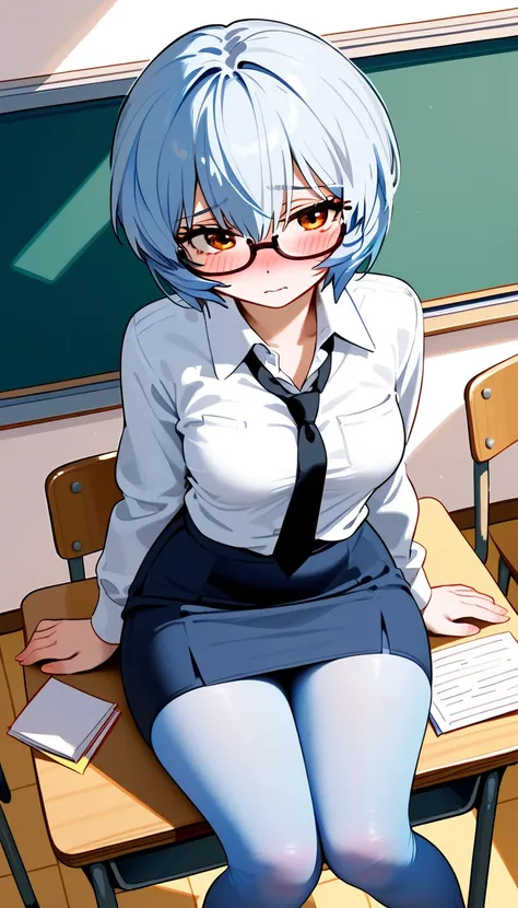  Rei Ayanami ,  tight blue tights ,  transparent tights,  teacher's uniform, skirt, unfurl the shirt, glasses), shy, flushed, neckline,  medium breasted,  dear slutty, Rei sitting at a desk,  inner, classroom,  dynamic angle , Wrap your hips around.