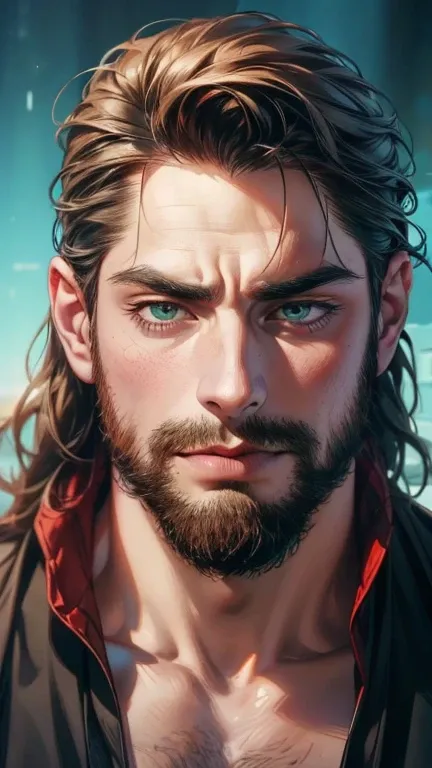 (  best quality,4K,8k,  highres,  masterpiece :1.2),  ultra-detailed  ,(realistic,photorealistic,photo-realistic:1.37),36-year-old man,3 day beard,Beautiful anime,Portraits,strong,Masculine,  with dark hair  ,sharp jaw,   mesmerizing green eyes   ,  perfec...