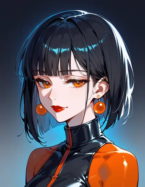 Artwork,,,,back view,adult female,single woman,alone,light black hair,long straight hair,short blunt bangs,golden and orange eyes,half closed eyes,red lipstick,full lips,expressionless,gentle smile,pale skin,medium breasts,tight suit with sleeves and weari...