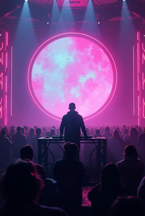 A neon screen in the middle of an electronic concert with a DJ in the center of the image and people looking up at the screen 